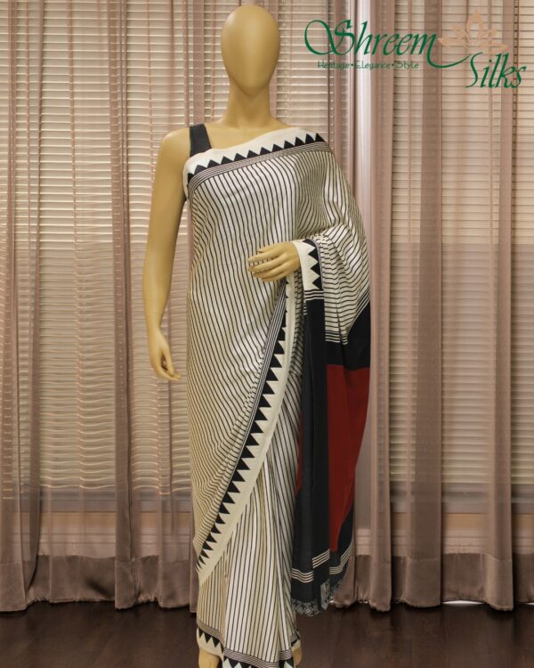 Off White with Black Stripes Ajrakh Prints Satin Saree