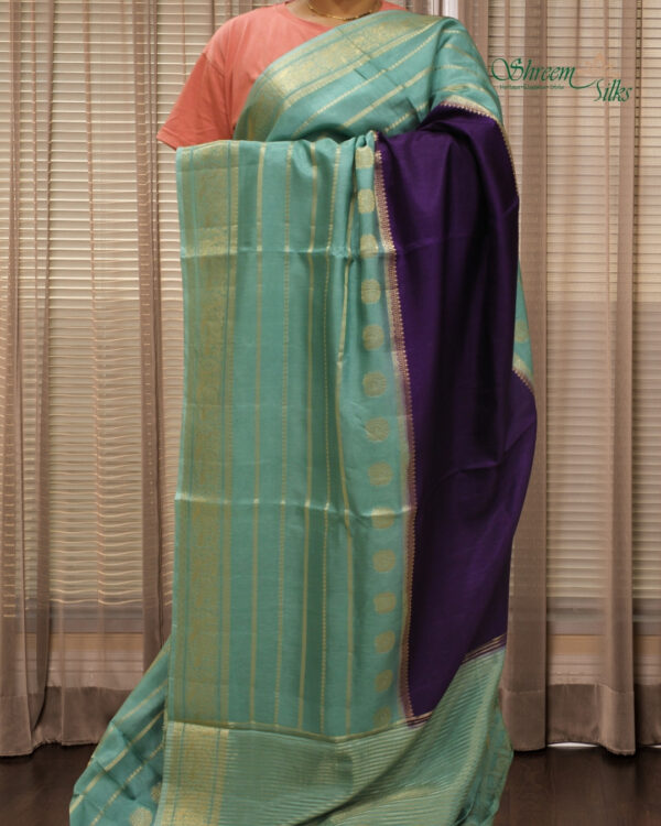 Zari Woven Horizontal Lines with Peacock Motifs Viscose Dola Silk Saree - Image 5