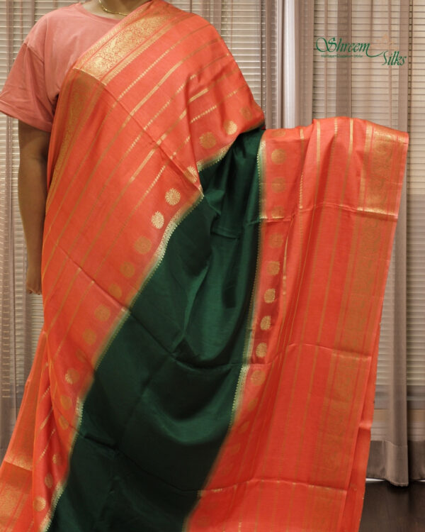 Zari Woven Horizontal Lines with Peacock Motifs Viscose Dola Silk Saree - Image 9