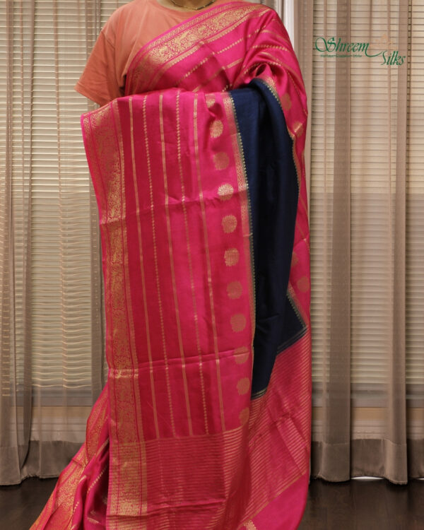 Zari Woven Horizontal Lines with Peacock Motifs Viscose Dola Silk Saree - Image 10