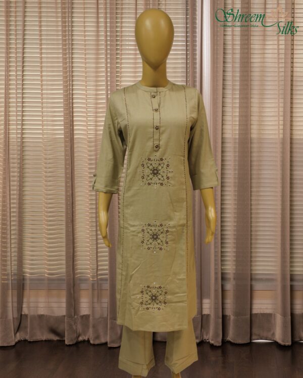 Beige with Floral Embroidery & Mirror work Cord Set - Image 2
