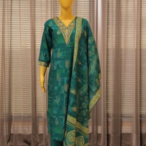 Peacock Blue Printed & Zari Embroidery on Neck Line Kurta Set