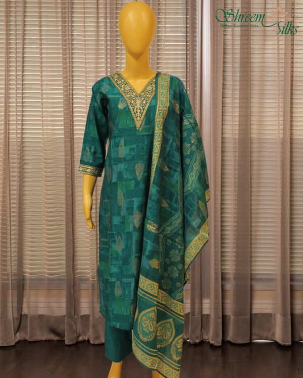 Peacock Blue Printed & Zari Embroidery on Neck Line Kurta Set