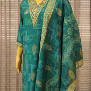 Alternative view of Peacock Blue Printed & Zari Embroidery on Neck Line Kurta Set