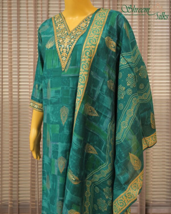 Peacock Blue Printed & Zari Embroidery on Neck Line Kurta Set - Image 2