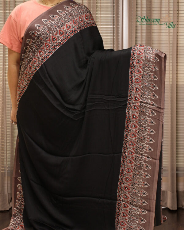 Black & Brown Ajrakh Hand Block Prints Pure Modal Saree - Image 2