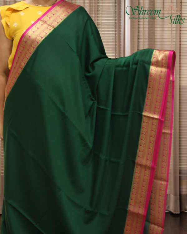 Bottle Green & Rani Pink Mysore Crepe Silk Saree