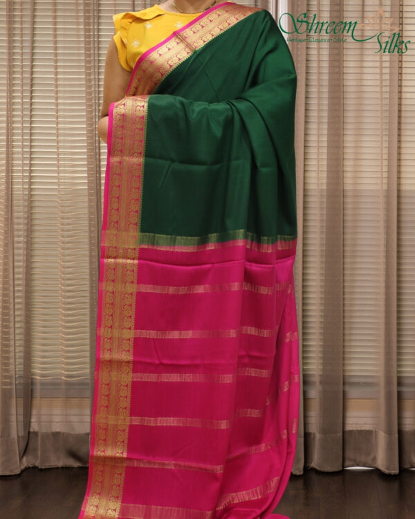 Bottle Green & Rani Pink Mysore Crepe Silk Saree - Image 2