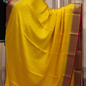 Alternative view of Mango Yellow & Rani Pink Mysore Crepe Silk Saree - Self Embossed with Zari Buttas