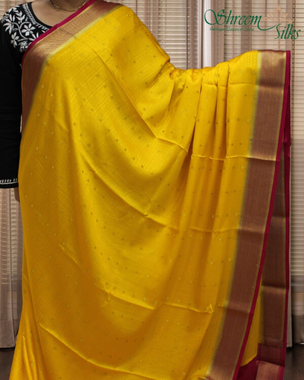 Mango Yellow & Rani Pink Mysore Crepe Silk Saree - Self Embossed with Zari Buttas - Image 2