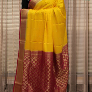 Mango Yellow & Rani Pink Mysore Crepe Silk Saree - Self Embossed with Zari Buttas