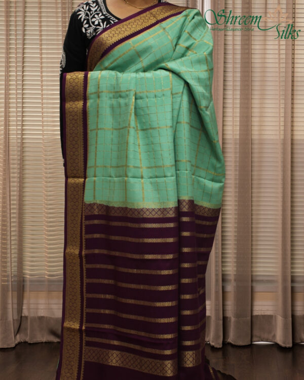 Mint Green & Purple Mysore Crepe Silk Saree - Multi Checks - Image 2