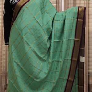 Mint Green & Purple Mysore Crepe Silk Saree - Multi Checks