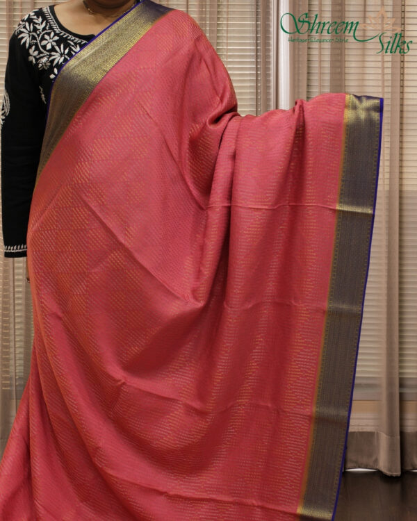 Pink & Ink Blue Brocade Mysore Crepe Silk Saree - Image 3