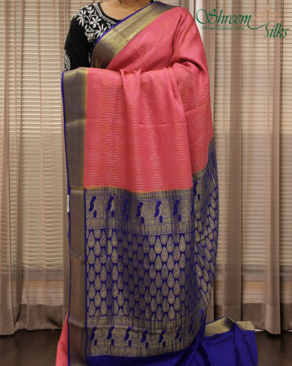 Pink & Ink Blue Brocade Mysore Crepe Silk Saree
