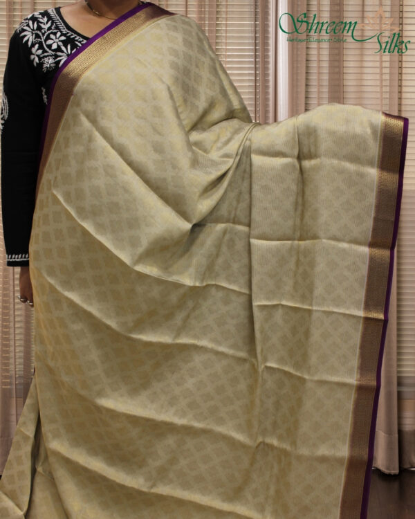Pearl & Royal Purple with Zari Stripes & Buttas Mysore Crepe Silk Saree