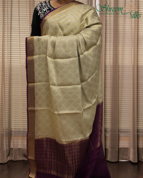 Pearl & Royal Purple with Zari Stripes & Buttas Mysore Crepe Silk Saree - Image 2