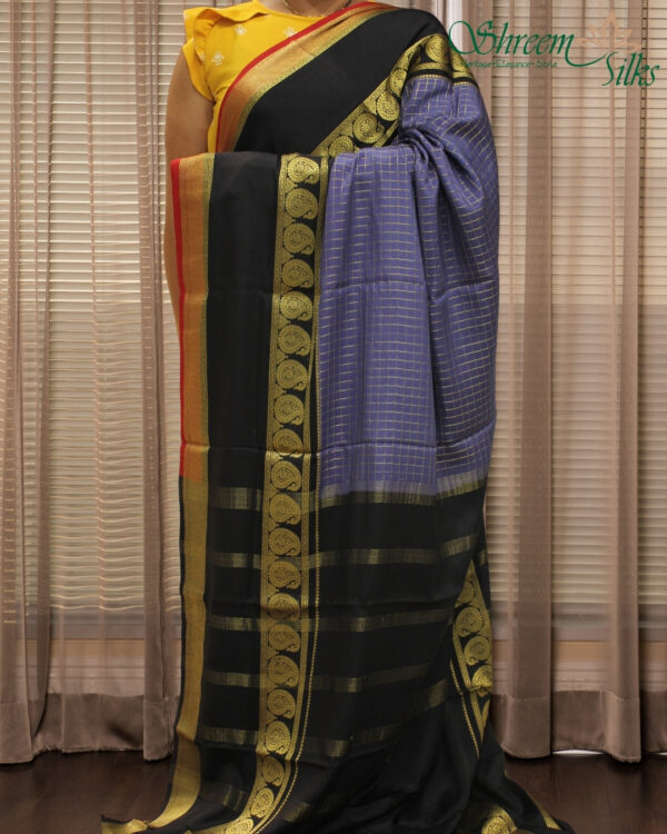 Grey/Black/Red Checks with Bentex Border 3D Pure Mysore Silk Saree - Image 3