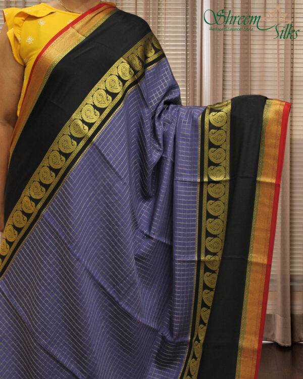 Grey/Black/Red Checks with Bentex Border 3D Pure Mysore Silk Saree