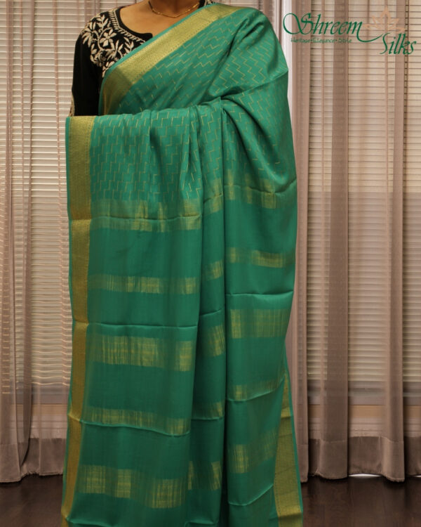 Firozi Geometrical Zari Pure Mysore Silk Saree - Image 2