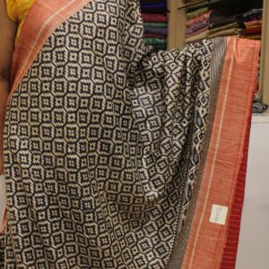 Red and Black Printed Tussar Saree