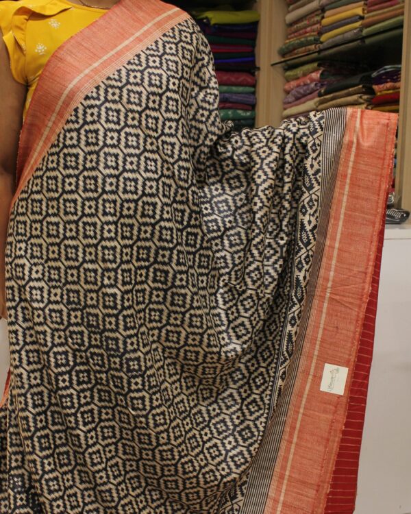 Red and Black Printed Tussar Saree