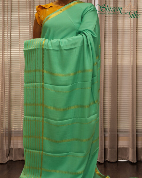Zari Woven Stripes Border Pure Mysore Crepe Silk Saree - Image 6