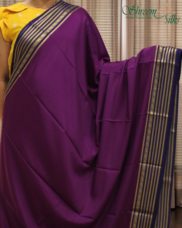 Purple with Indigo Border Pure Mysore Crepe Silk Saree - Image 2