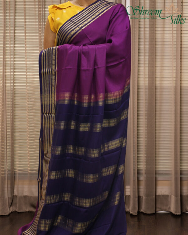 Purple with Indigo Border Pure Mysore Crepe Silk Saree