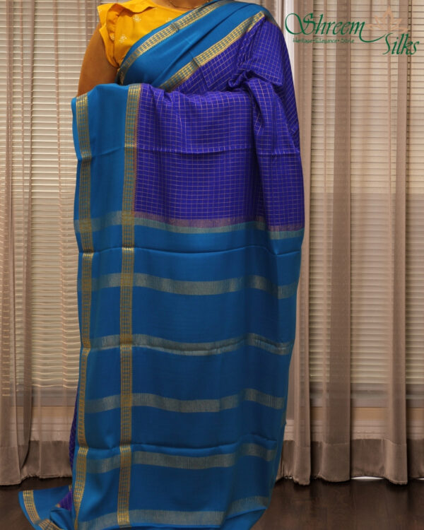 Zari Woven Chex with Bentex Border Pure Mysore Crepe Silk Saree - Image 6