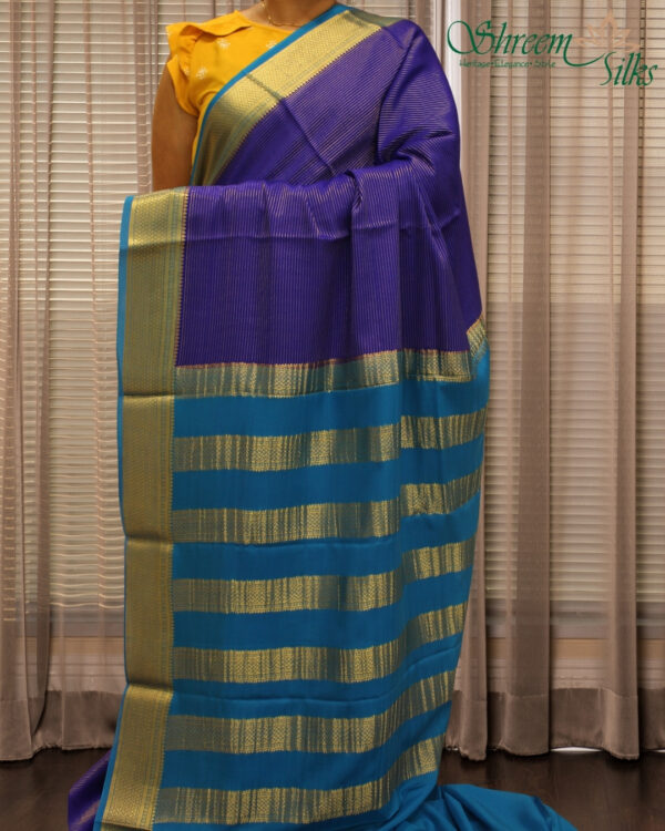 Zari Woven Horizontal Lines Pure Mysore Crepe Silk Saree - Image 4