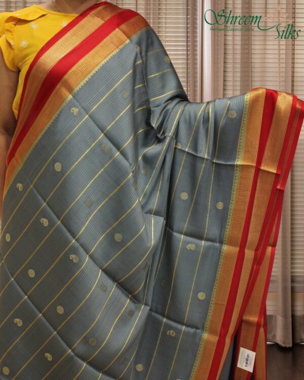 Rudraksh-Mango Buttas & Horizontal Lines with Bentex Border Pure Mysore Crepe Silk Saree - Image 4