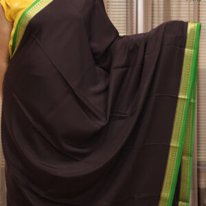 Dark Chocolate Brown & Green with Mango Border Pure Mysore Crepe Silk Saree