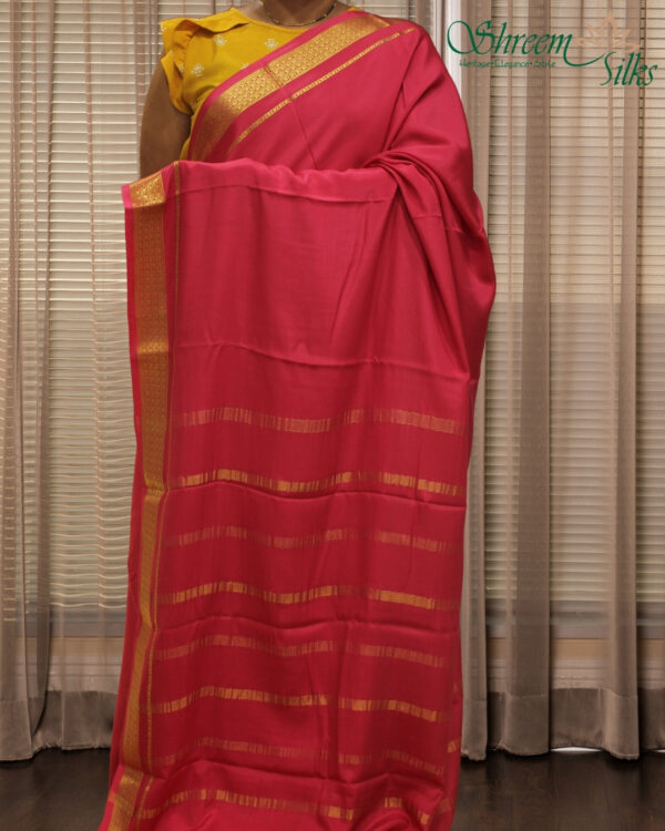 Pink Zari Woven Small Mango & Floral Border Pure Mysore Crepe Silk Saree - Image 2