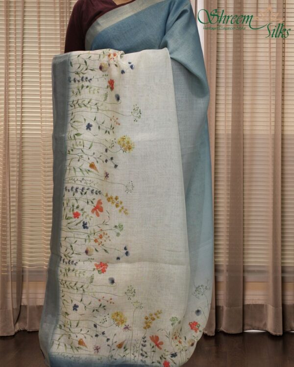 Floral Prints with Knot work & Sequence Linen Tissue Saree - Image 2