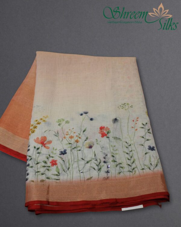 Floral Prints with Knot work & Sequence Linen Tissue Saree - Image 3
