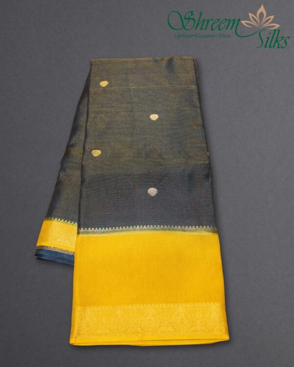 Zari Woven Lines & Buttas with Bentex Border Raw Mango Saree - Image 3