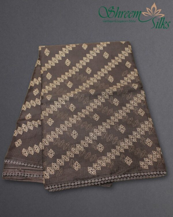 Thread Embroidery Diagonal Lines & Motifs Kota Doria Saree - Image 3