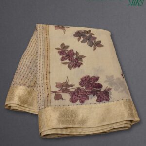Alternative view of Floral Prints with Sequence & Knot work Linen Saree