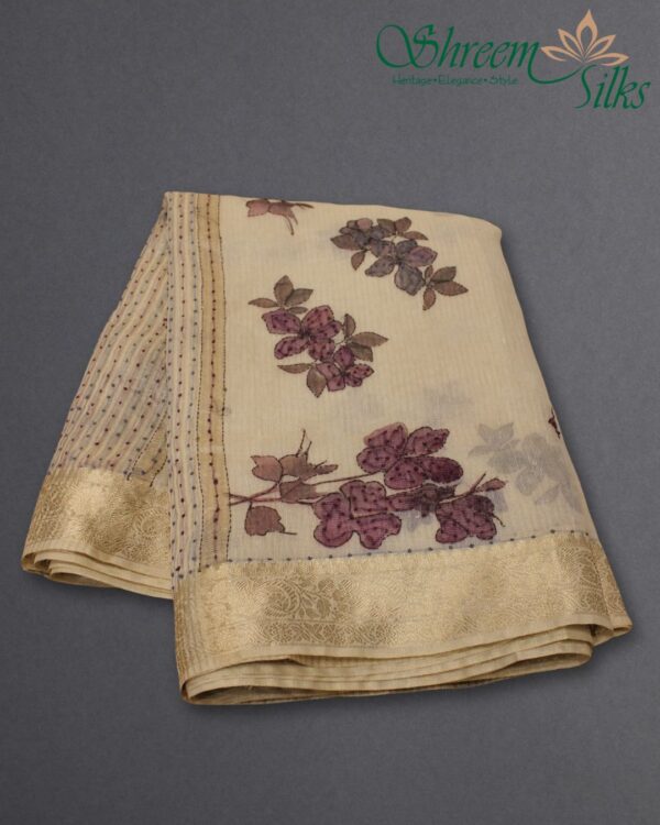 Floral Prints with Sequence & Knot work Linen Saree - Image 2