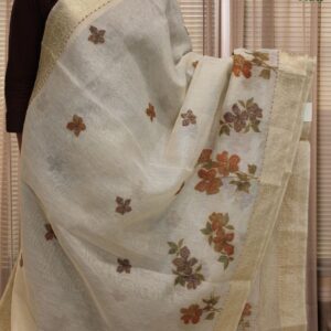 Floral Prints with Sequence & Knot work Linen Saree