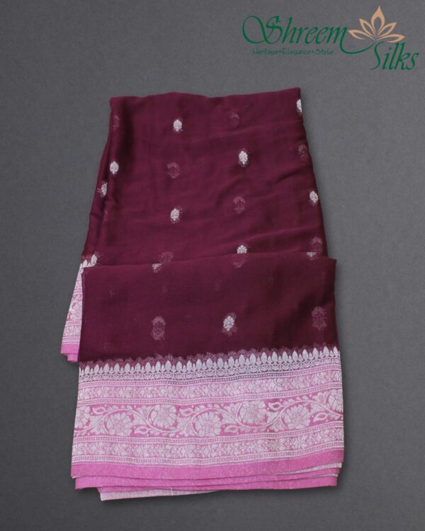 Silver Zari Woven Motifs Chiffon Saree - Image 4