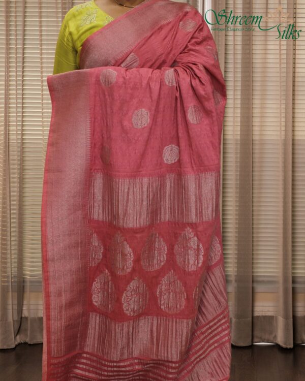 Zari Woven Rose Motifs Tusar Georgette Saree - Image 2