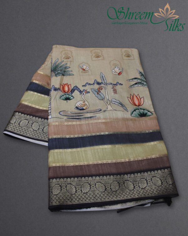 Multicolour Vintage Prints Tussar Saree - Image 2