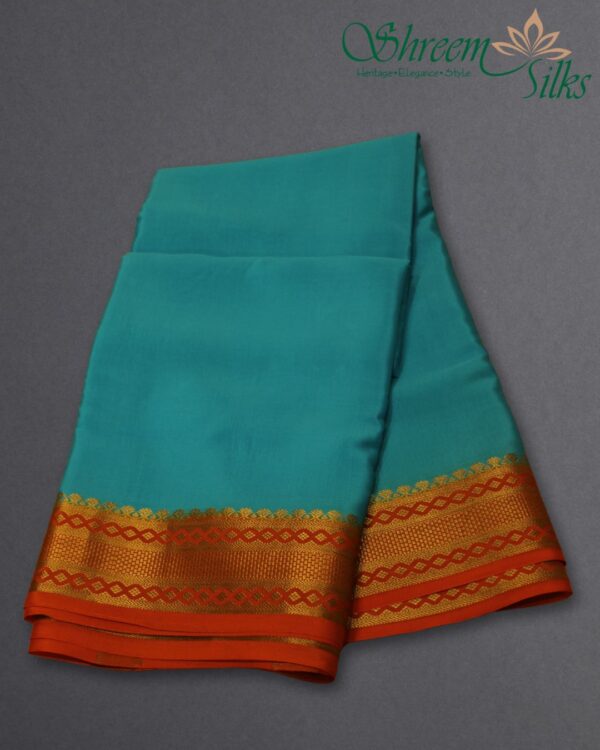 Blue and Orange Plain with Rich Border Pure Mysore Crepe Silk Saree