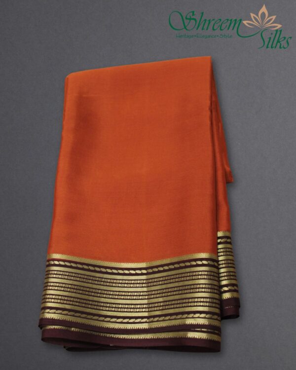 Rust and Brown Lines Border Pure Mysore Silk Saree