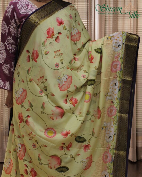 Lotus Pichwai Prints Pure Mysore Crepe Silk Saree - Image 2