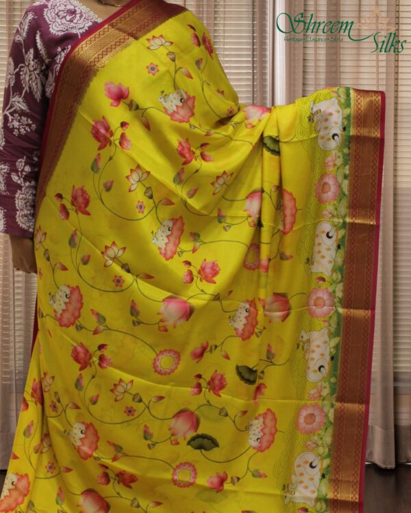 Lotus Pichwai Prints Pure Mysore Crepe Silk Saree - Image 3