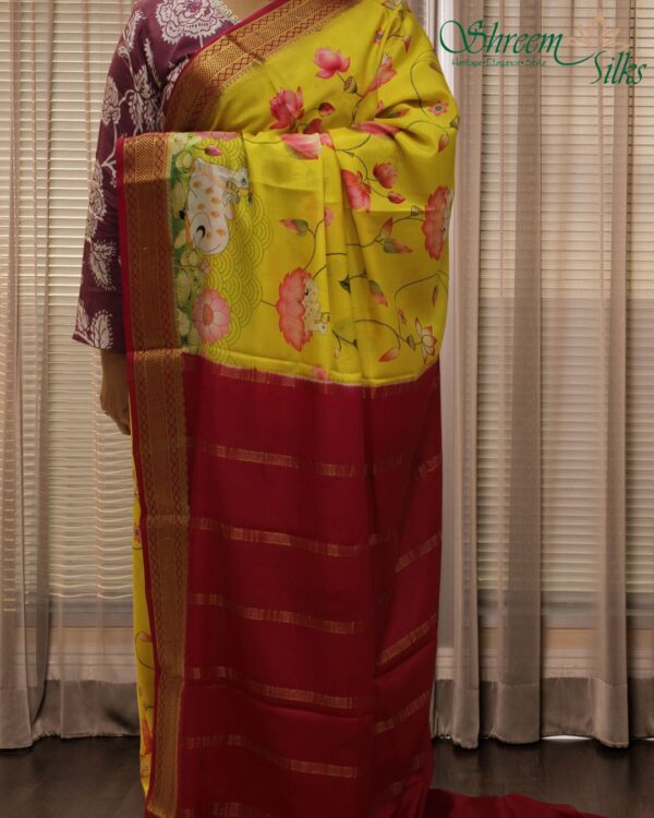 Lotus Pichwai Prints Pure Mysore Crepe Silk Saree - Image 4
