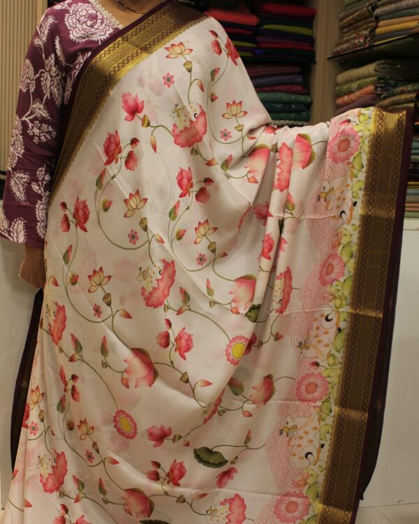 Lotus Pichwai Prints Pure Mysore Crepe Silk Saree